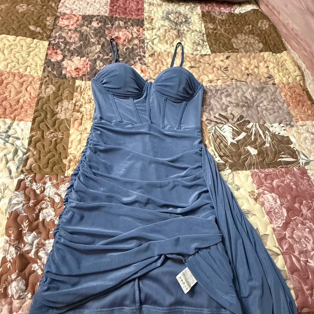Fashion Nova Dusty Blue Strapless Ruched Bustier Dress
